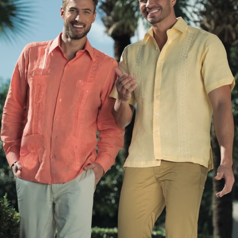 Bahamas Manchester Men's Authentic Guayabera Salmon Long Sleeve Shirt - Size L - Picture 2 of 16